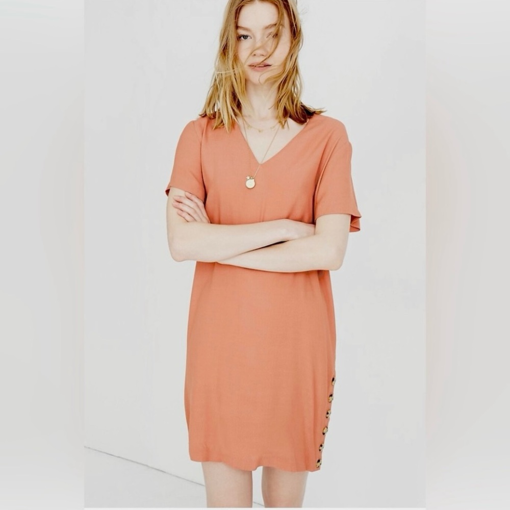 Madewell Side-Button V Neck Viscose Shift Dress Drapey Breezy Coastal Soft